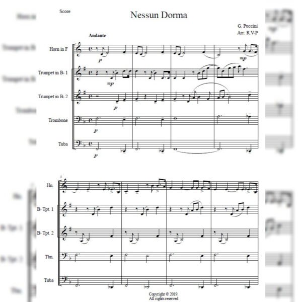 DORMA SCORE Nessun Dorma (Brass Quintet)
