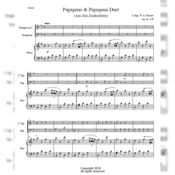 PAPAGENO SCORE Papageno & Papagena (Piano, Trump. & Tromb.)