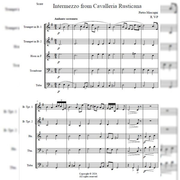 RUSTICANA SCORE Intermezzo Cavalleria Rusticana (Brass Quintet)