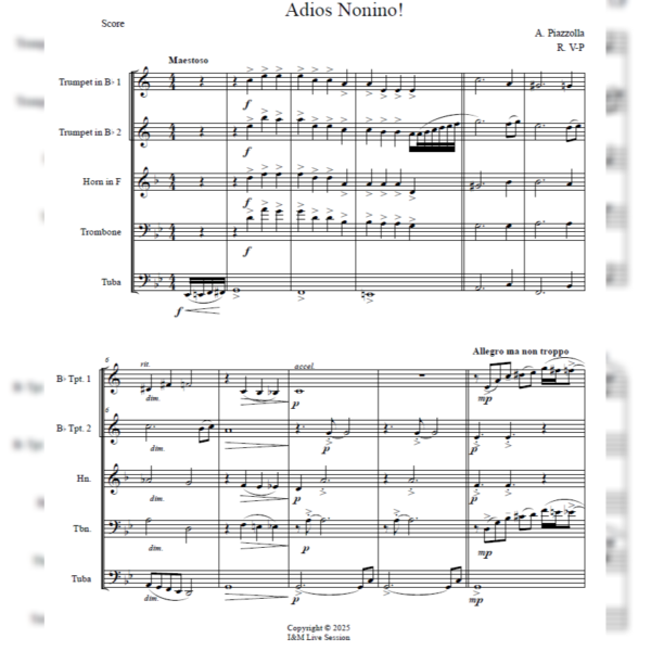adios score Adios Nonino (Brass Quintet)